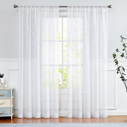 Curtainking White Sheer Curtains for Living Room Embroidered Leaf Window Curtains light Filtering Drapes Rod Pocket 2 Panels