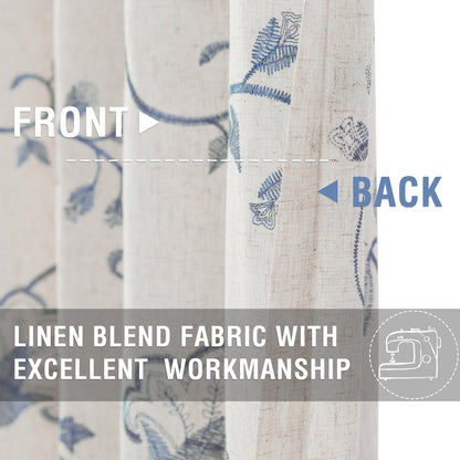 Curtainking Linen Curtains Floral Embroidery Farmhouse Light Filtering Grommet Curtain Panels 2 Pcs