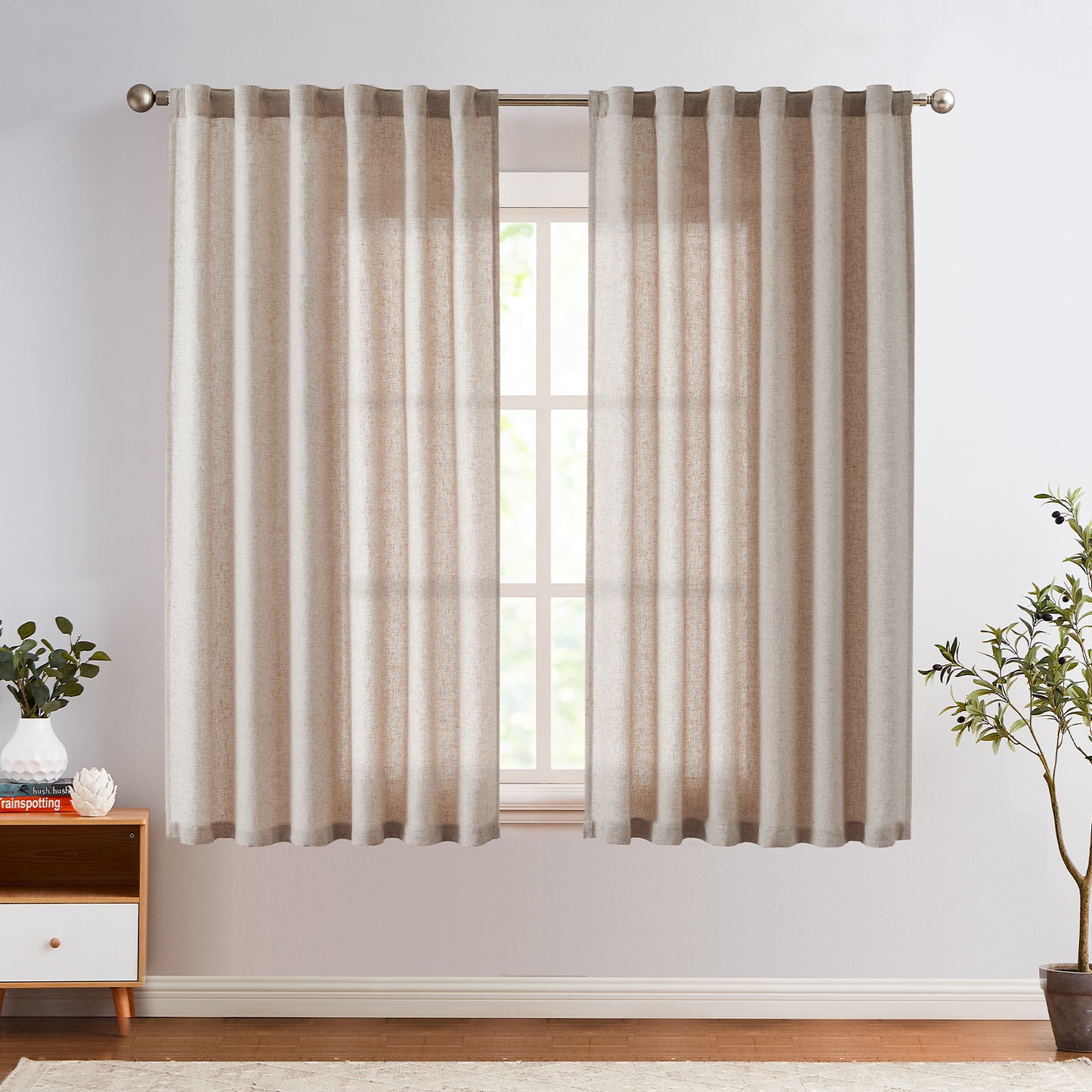 Curtainking Back Tab Curtains Light Filtering Curtains Living Room Bedroom Drapes Rod Pocket Linen Farmhouse Curtains Pack of 2