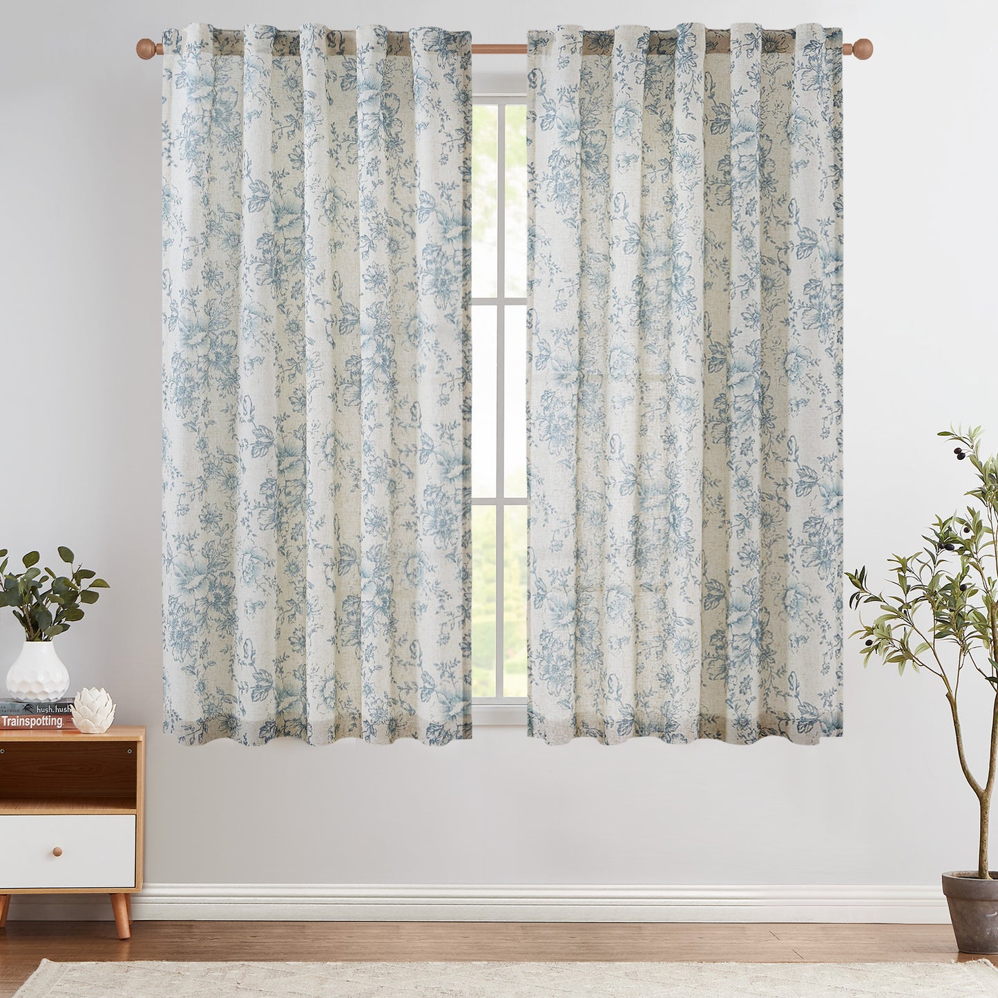 CURTAINKING Linen Curtains Floral Curtains for Living Room Curtains Rod Pocket Back Tab Farmhouse Peony Flower Patterned Drapes Bedroom Window Curtain Set 2 Panels