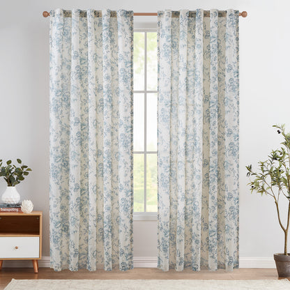 CURTAINKING Linen Curtains Floral Curtains for Living Room Curtains Rod Pocket Back Tab Farmhouse Peony Flower Patterned Drapes Bedroom Window Curtain Set 2 Panels