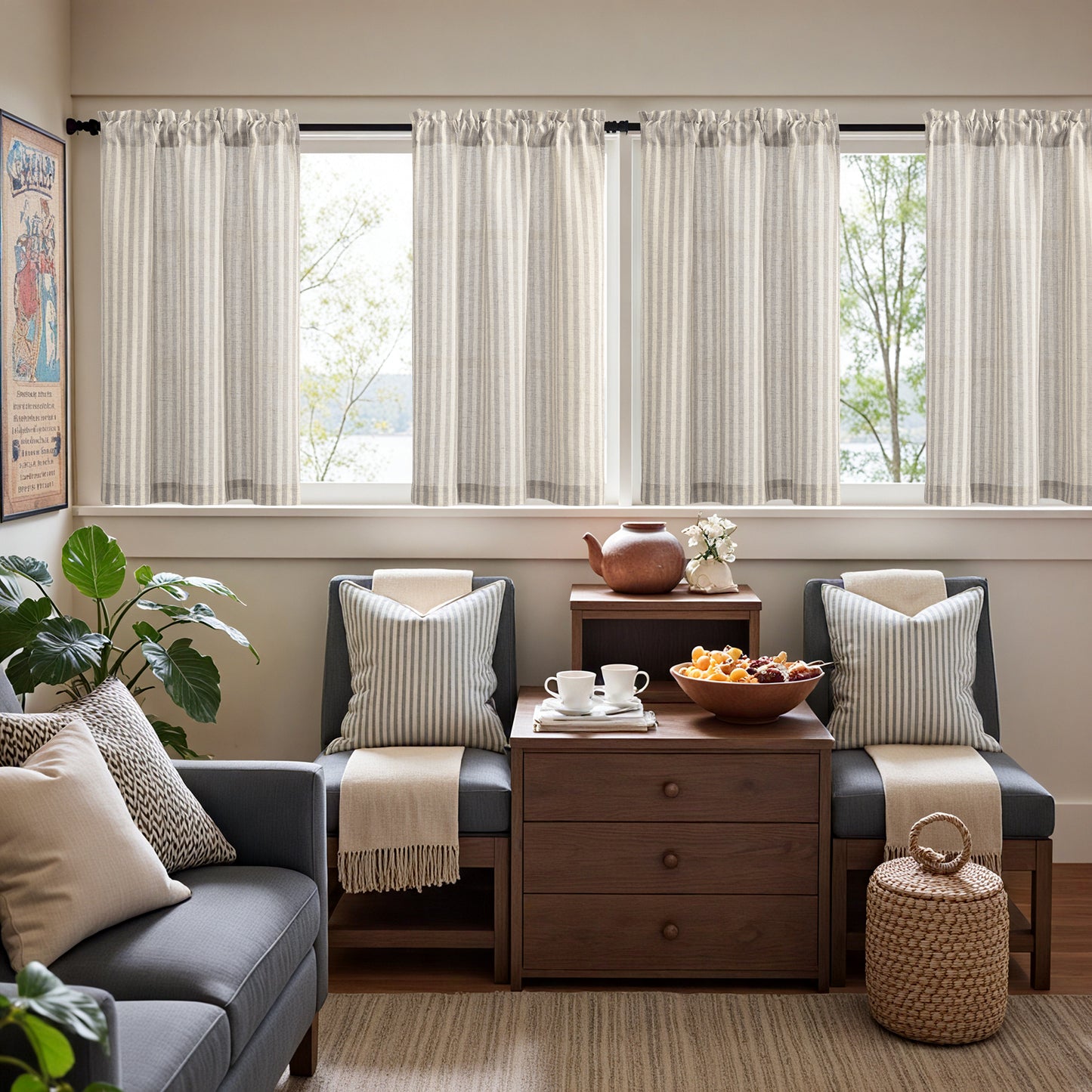 Curtainking Striped Kitchen Curtain Linen Cafe Curtains Semi-Sheer Rustic Farmhouse Tier Curtains Rod Pocket 2 Panels