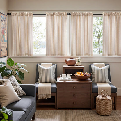 Curtainking Striped Kitchen Curtain Linen Cafe Curtains Semi-Sheer Rustic Farmhouse Tier Curtains Rod Pocket 2 Panels