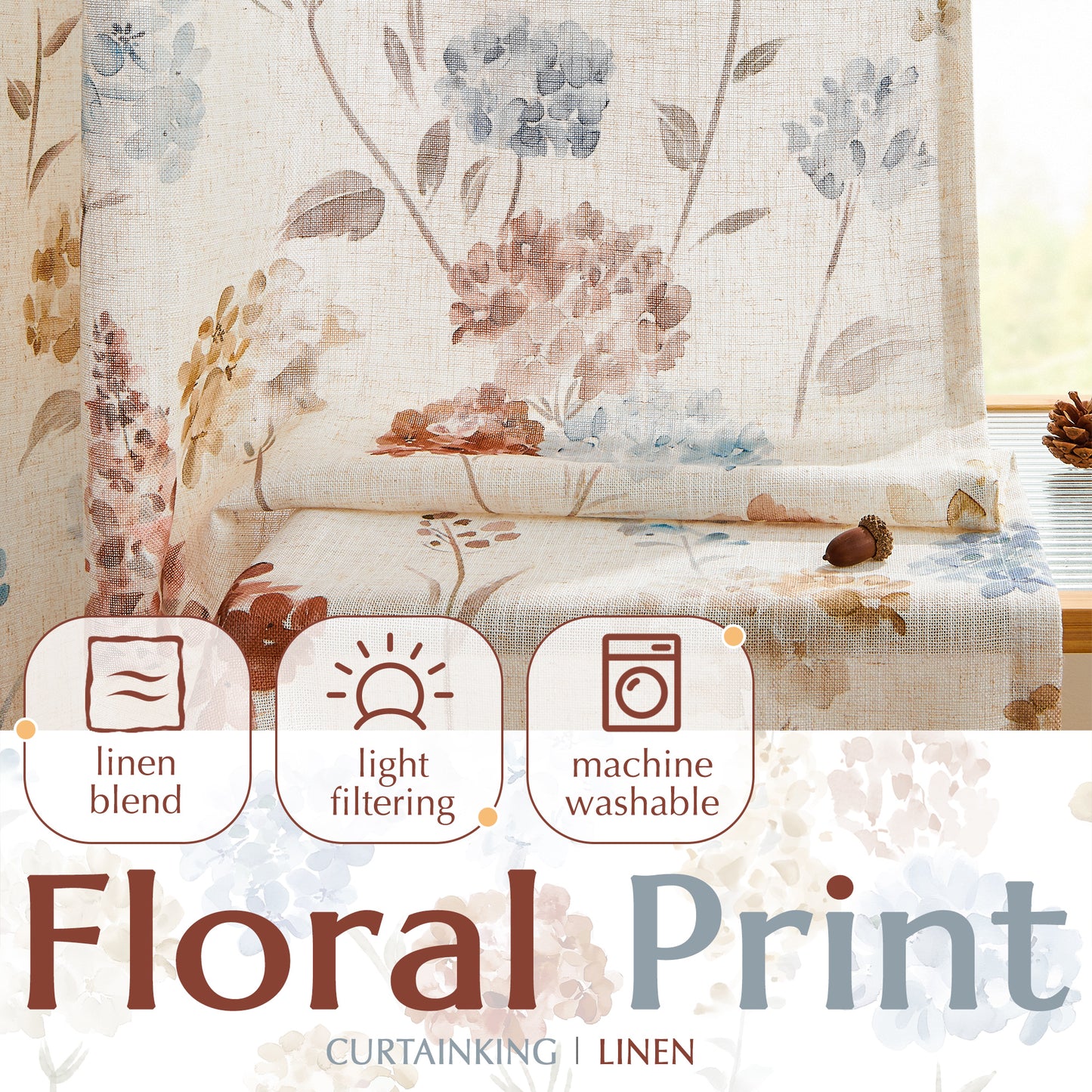 CURTAINKING Farmhouse Linen Curtains for Living Room Bedroom Floral Patterned Light Filtering Linen Blend Curtain Burlap Effect Drape Window Treatments 2 Panels