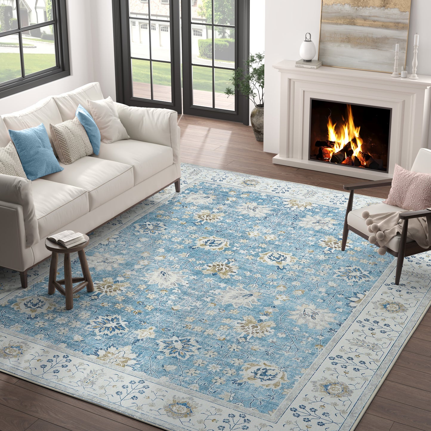RUGKING Living Room Rug Floral Printed Blue Indoor Accent Mat with Non-slip backing Retro Persian Rugs for Bedroom Dining Room