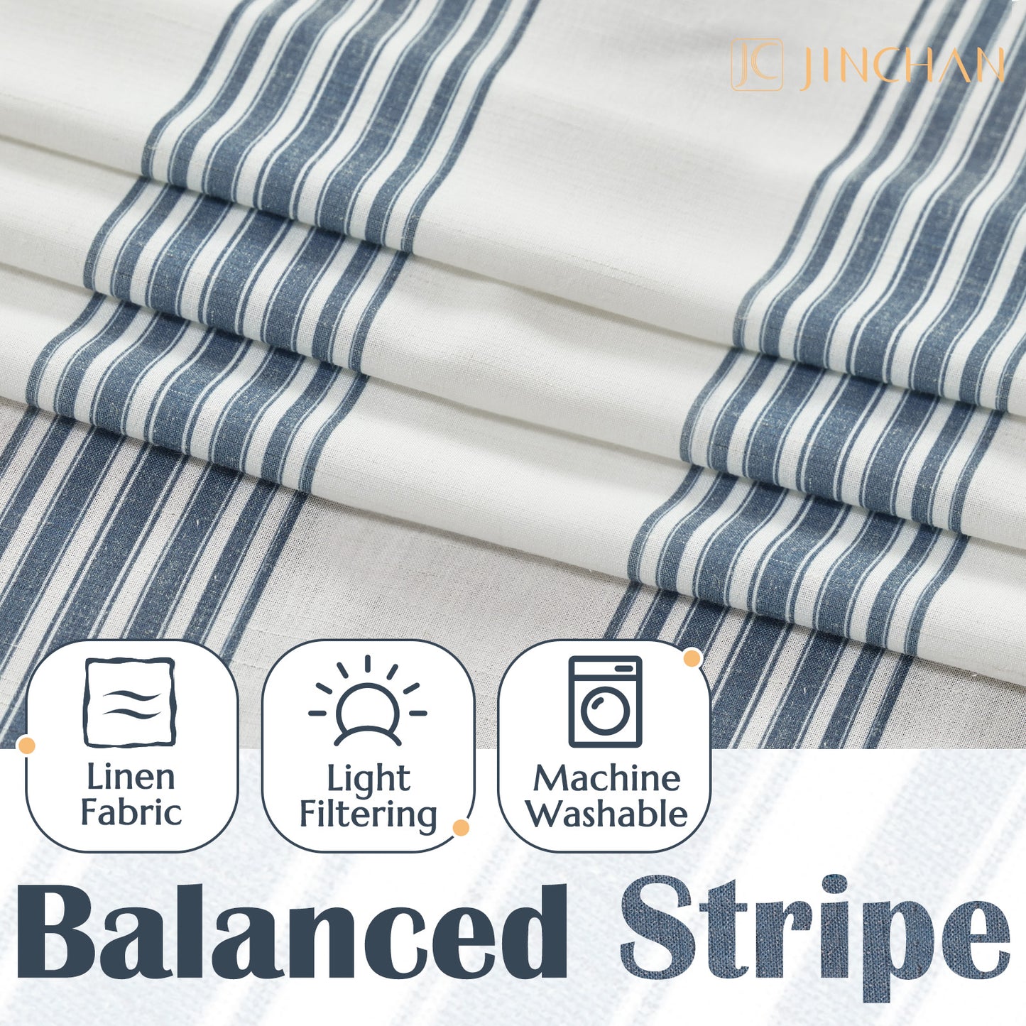 Curtainking Striped Linen Curtains Farmhouse Rustic Curtains for Living Room Semi Sheer Back Tab Light Filtering Coastal Drapes for Bedroom Window Curtain 2 Panels