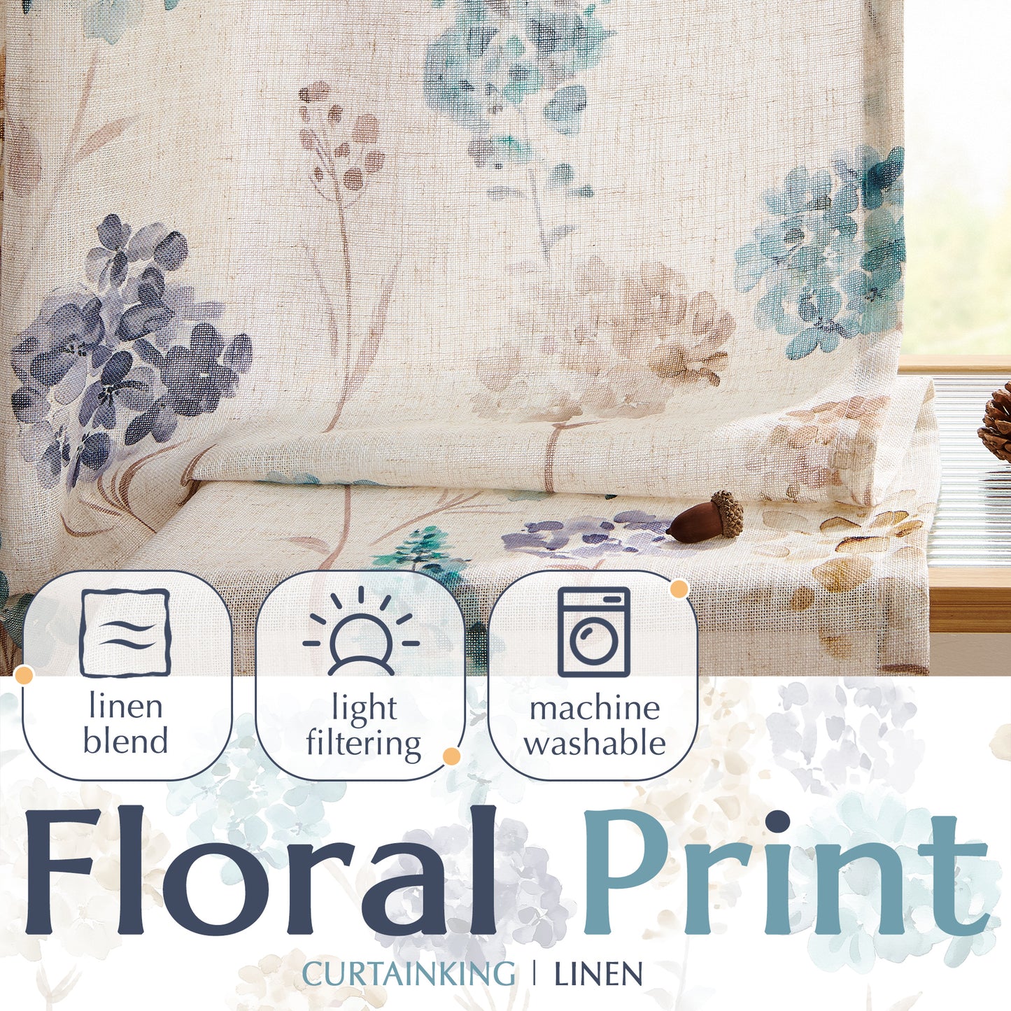 CURTAINKING Farmhouse Linen Curtains for Living Room Bedroom Floral Patterned Light Filtering Linen Blend Curtain Burlap Effect Drape Window Treatments 2 Panels