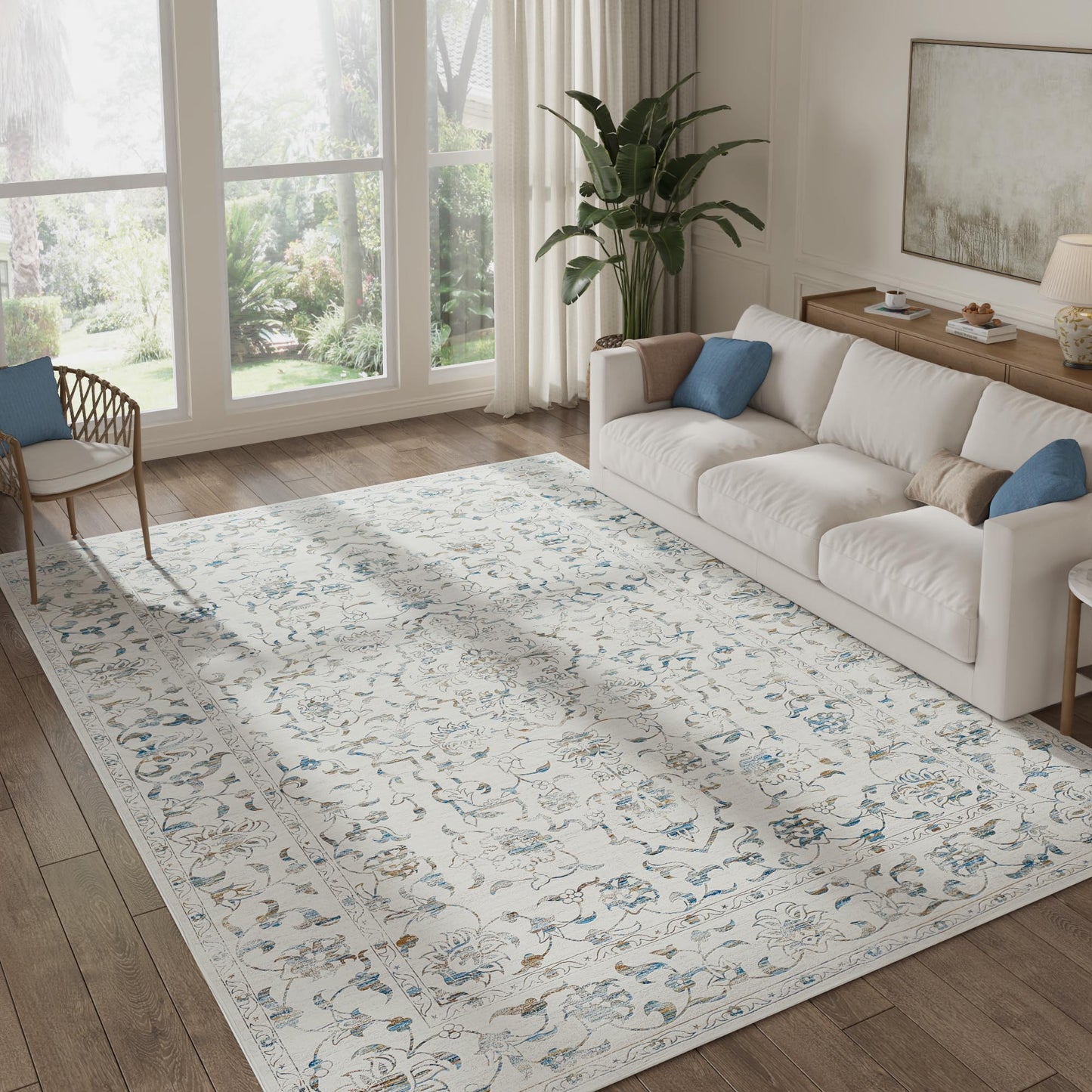 RUGKING Lake Blue Vintage Area Rug Floral Carpet Distressed Mat, Foldable Non Slip Accent Rug for Kitchen Living Room