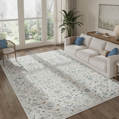 RUGKING Lake Blue Vintage Area Rug Floral Carpet Distressed Mat, Foldable Non Slip Accent Rug for Kitchen Living Room