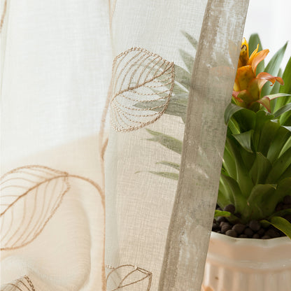 Curtainking Kitchen Curtains Leaf Embroidered Sheer Kitchen Windows Small Cafe Curtains Rod Pocket 2 Panels