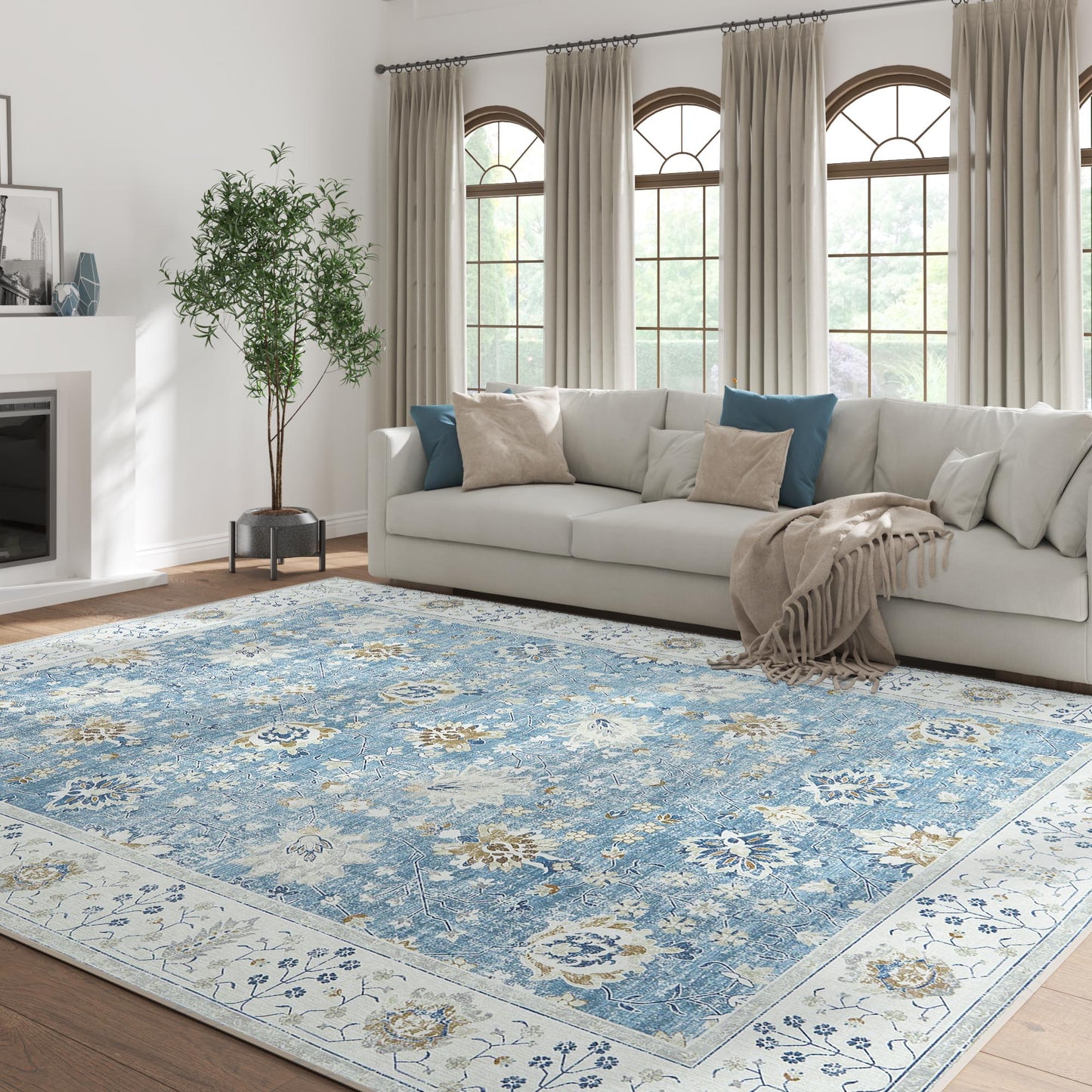 RUGKING Living Room Rug Floral Printed Blue Indoor Accent Mat with Non-slip backing Retro Persian Rugs for Bedroom Dining Room
