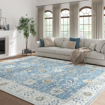RUGKING Living Room Rug Floral Printed Blue Indoor Accent Mat with Non-slip backing Retro Persian Rugs for Bedroom Dining Room