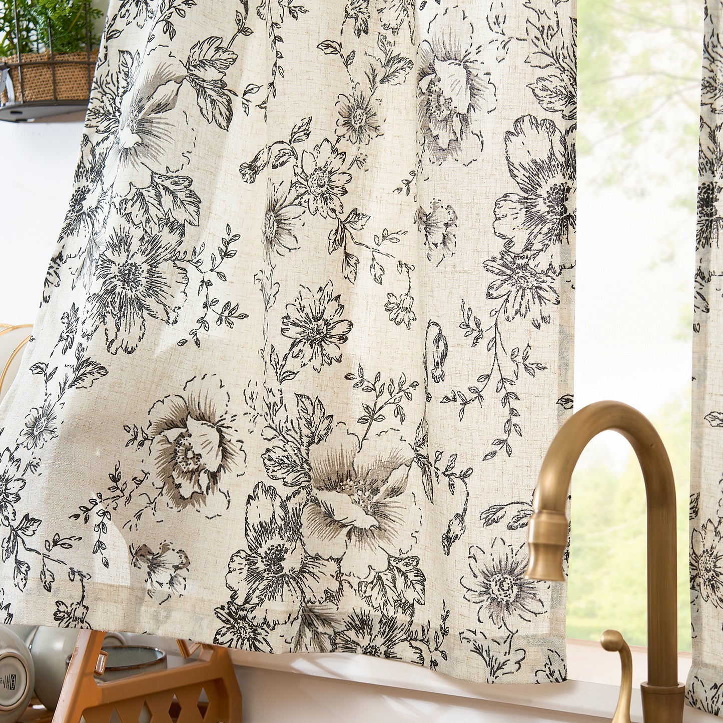Curtainking Linen Kitchen Curtains Floral Cafe Curtains Farmhouse Cafe Curtains for Living Room 2 Panels