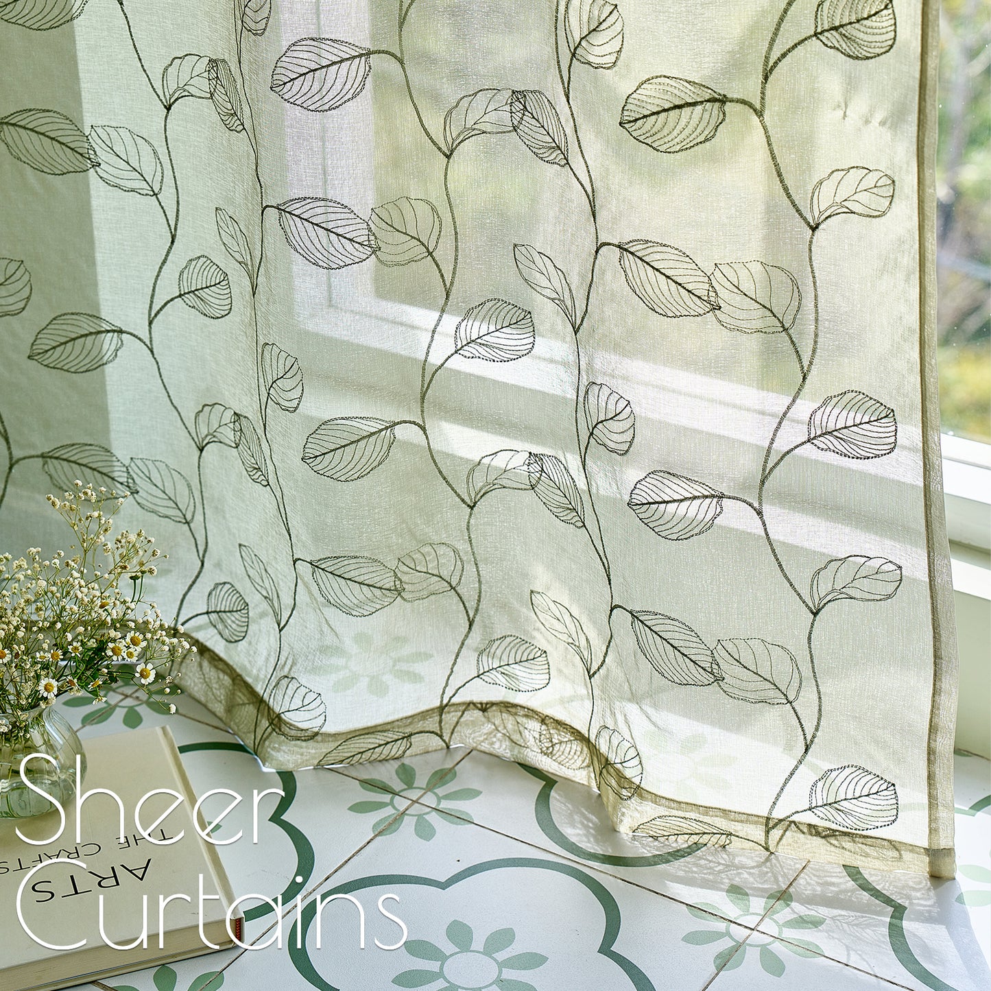 Curtainking White Sheer Curtains for Living Room Embroidered Leaf Window Curtains light Filtering Drapes Rod Pocket 2 Panels
