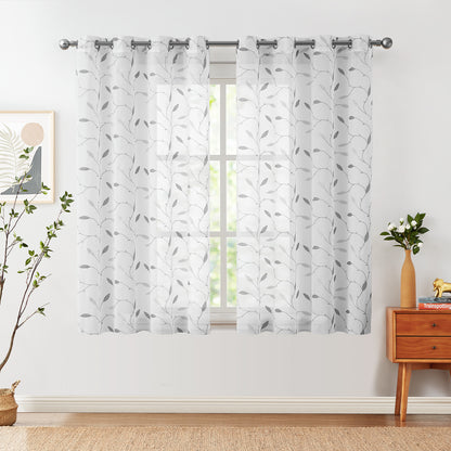 Curtainking Sheer Curtains Embroidered Leaf Window Curtains for Living Room Grommet Top 2 Panels Voile Drapes for Bedroom
