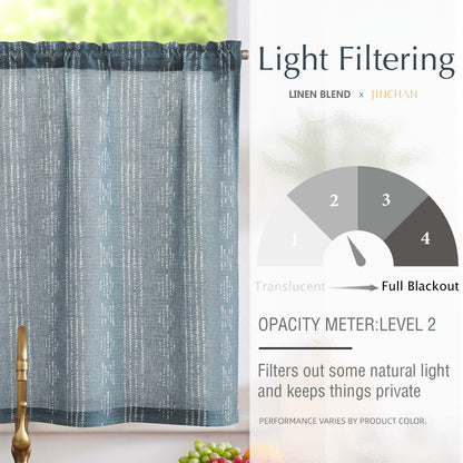 TOPICK Boho Linen Kitchen Curtains ,  Striped Farmhouse Cafe Curtains, Light Filtering Rod Pocket Small Curtains for Kitchen (Set of 2)