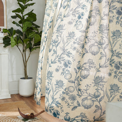 CURTAINKING Linen Curtains Floral Curtains for Living Room French Curtains Back Tab Light Filtering Toile Print Farmhouse Bedroom Curtains Window Curtain Set 2 Panels