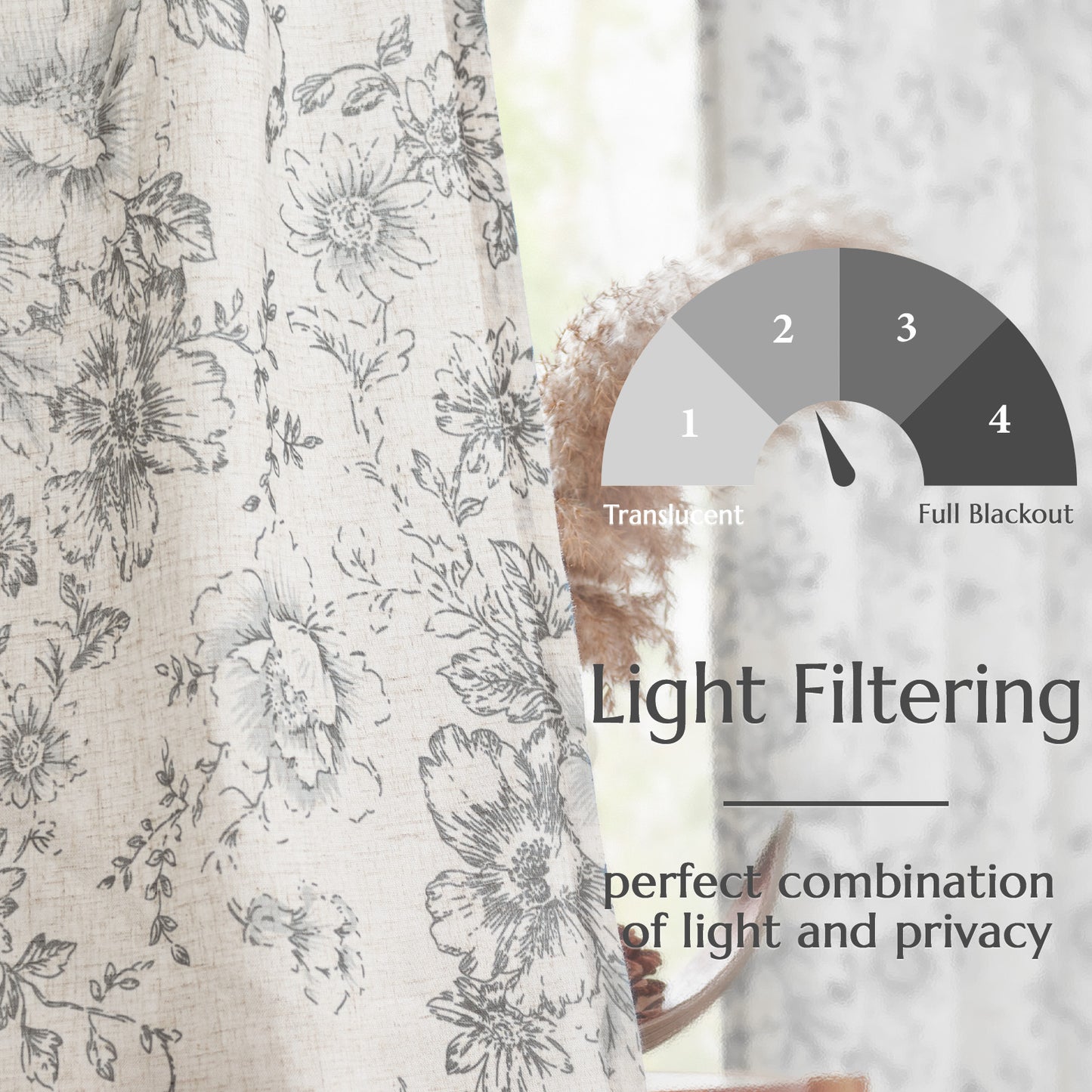 CURTAINKING Linen Curtains Floral Curtains for Living Room Curtains Rod Pocket Back Tab Farmhouse Peony Flower Patterned Drapes Bedroom Window Curtain Set 2 Panels