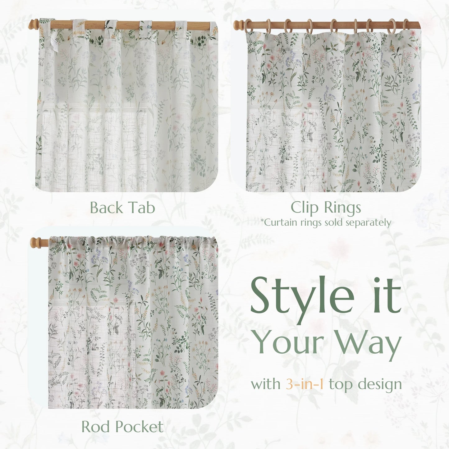 CURTAINKING Floral Curtains Farmhouse Green Curtain for Bedroom French Country Back Tab Drapes Plants Printed Light Filtering Window Treatment Curtains Set, 2 Panels