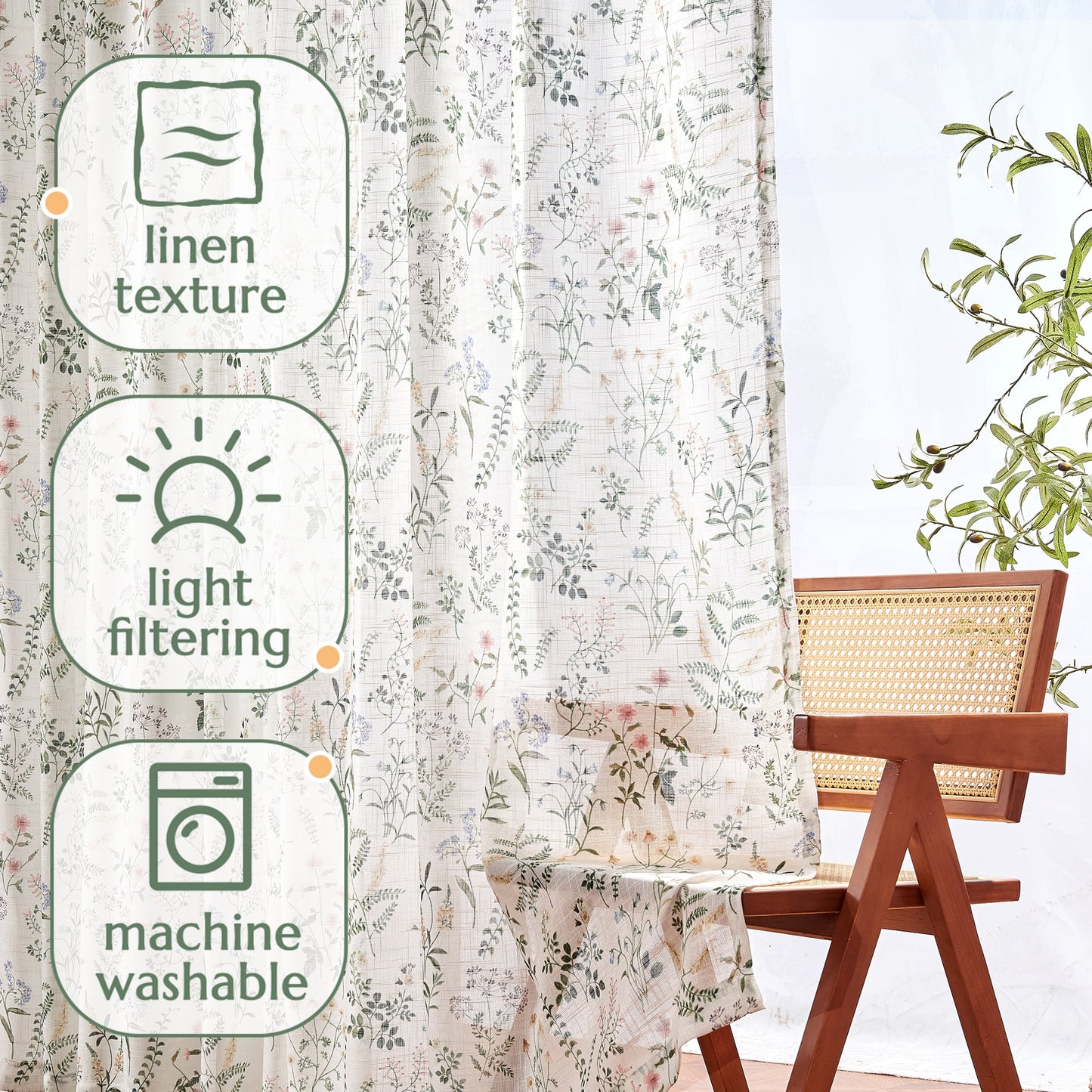 CURTAINKING Floral Curtains Farmhouse Green Curtain for Bedroom French Country Back Tab Drapes Plants Printed Light Filtering Window Treatment Curtains Set, 2 Panels