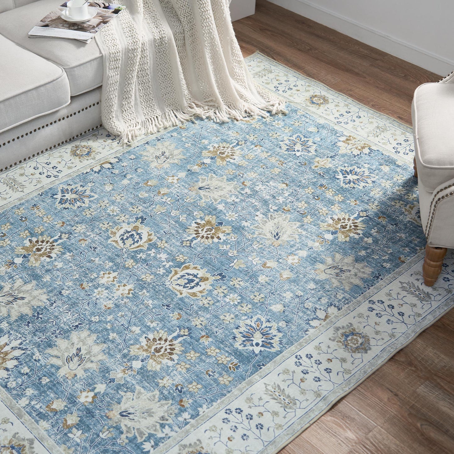 RUGKING Living Room Rug Floral Printed Blue Indoor Accent Mat with Non-slip backing Retro Persian Rugs for Bedroom Dining Room
