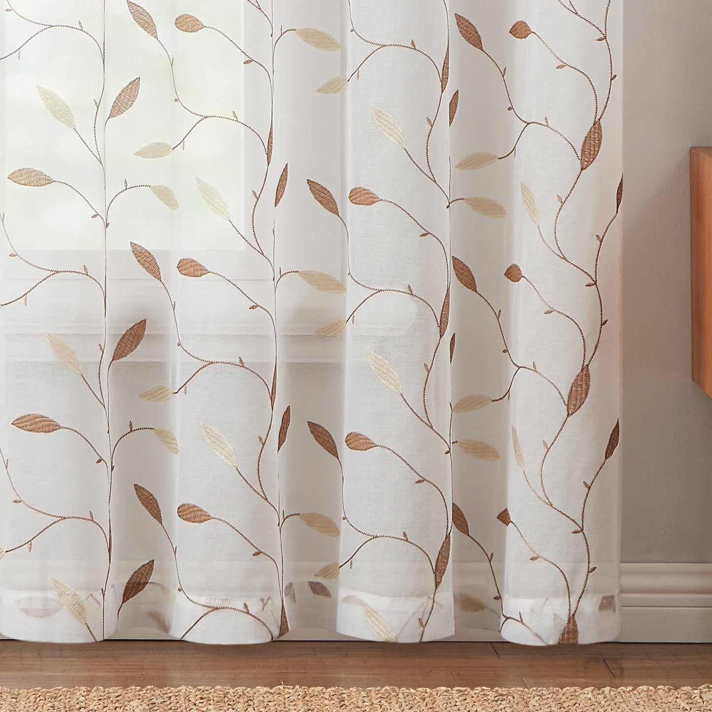 Curtainking Sheer Curtains Embroidered Leaf Window Curtains for Living Room Grommet Top 2 Panels Voile Drapes for Bedroom