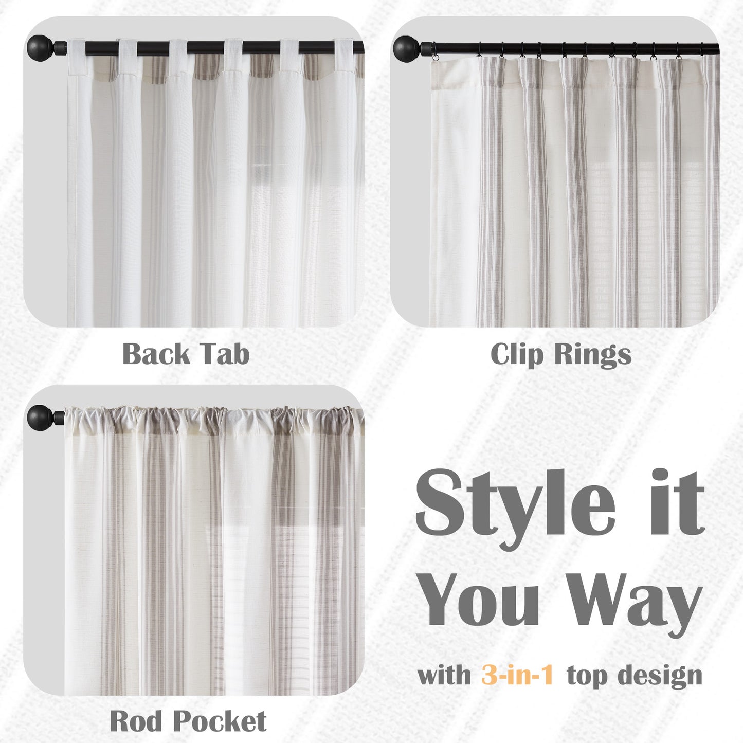 Curtainking Striped Linen Curtains Farmhouse Rustic Curtains for Living Room Semi Sheer Back Tab Light Filtering Coastal Drapes for Bedroom Window Curtain 2 Panels