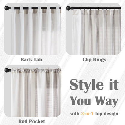 Curtainking Striped Linen Curtains Farmhouse Rustic Curtains for Living Room Semi Sheer Back Tab Light Filtering Coastal Drapes for Bedroom Window Curtain 2 Panels