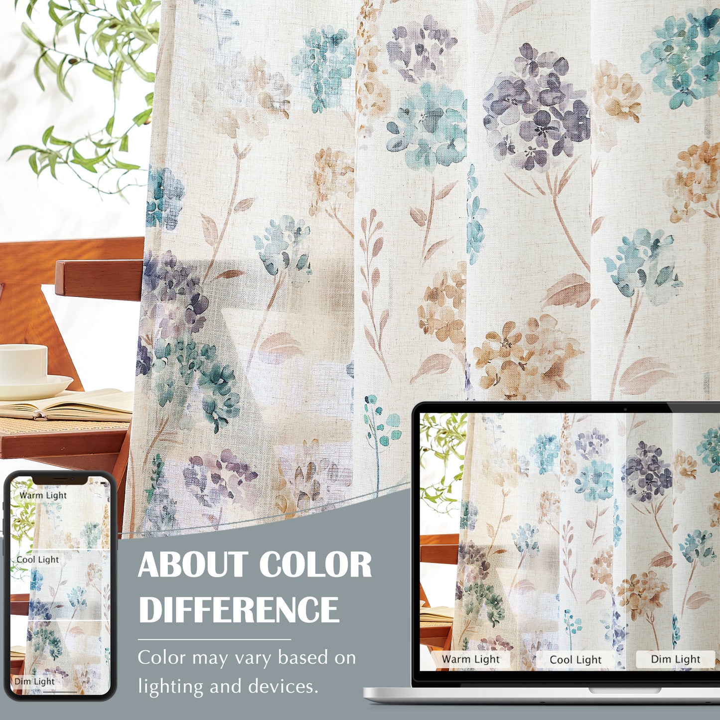 CURTAINKING Farmhouse Linen Curtains for Living Room Bedroom Floral Patterned Light Filtering Linen Blend Curtain Burlap Effect Drape Window Treatments 2 Panels