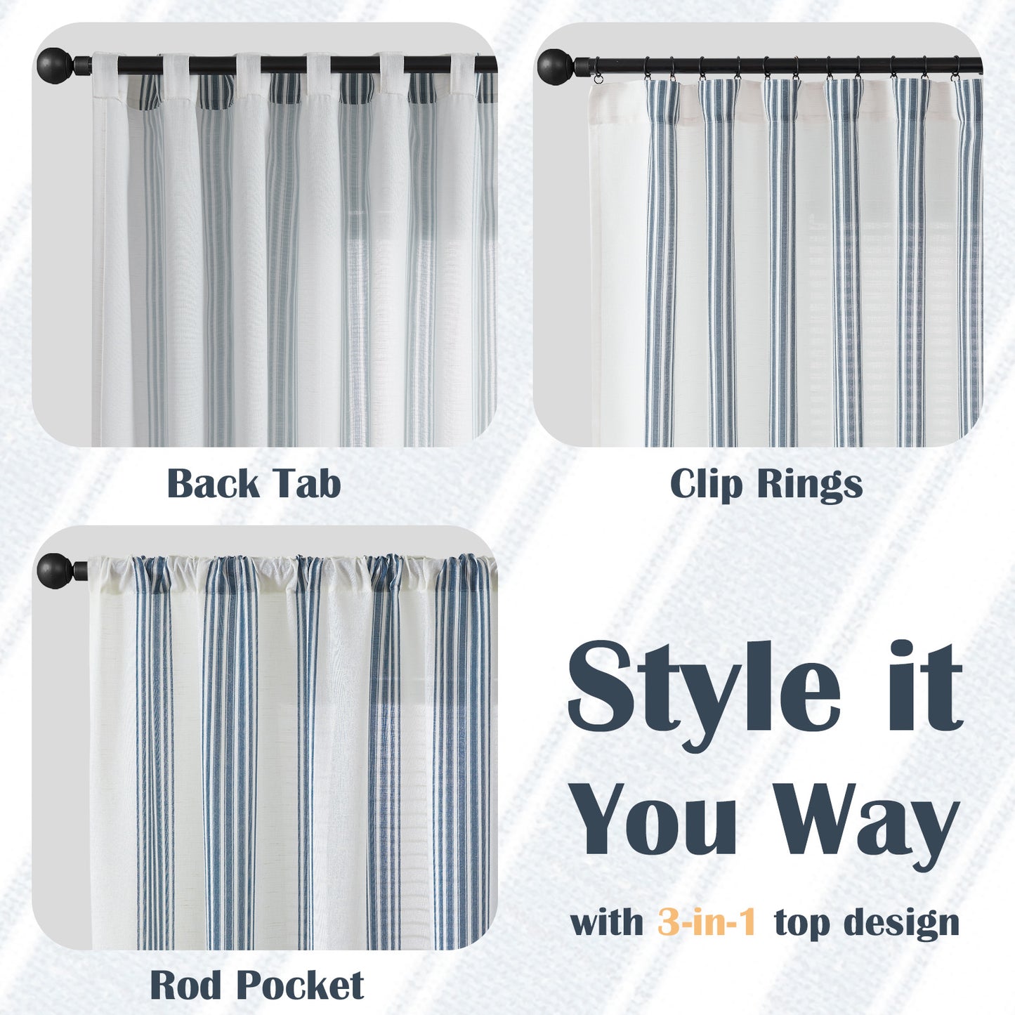 Curtainking Striped Linen Curtains Farmhouse Rustic Curtains for Living Room Semi Sheer Back Tab Light Filtering Coastal Drapes for Bedroom Window Curtain 2 Panels