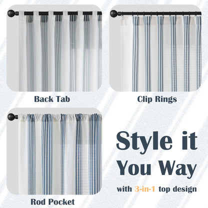 Curtainking Striped Linen Curtains Farmhouse Rustic Curtains for Living Room Semi Sheer Back Tab Light Filtering Coastal Drapes for Bedroom Window Curtain 2 Panels