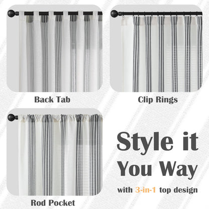 Curtainking Striped Linen Curtains Farmhouse Rustic Curtains for Living Room Semi Sheer Back Tab Light Filtering Coastal Drapes for Bedroom Window Curtain 2 Panels
