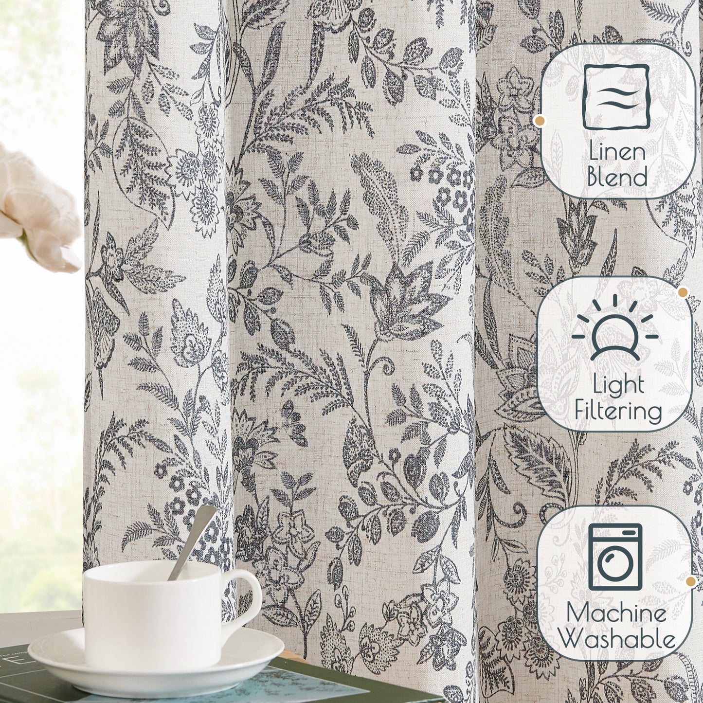 Curtainking Floral Curtains Linen Farmhouse Curtains for Living Room Country Curtains Back Tab Semi Sheer Curtains Light Filtering 2 Panels