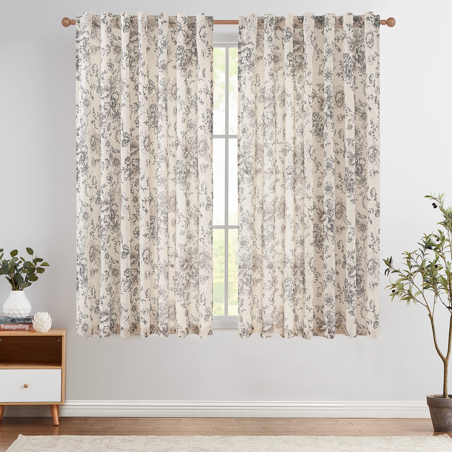 CURTAINKING Linen Curtains Floral Curtains for Living Room Curtains Rod Pocket Back Tab Farmhouse Peony Flower Patterned Drapes Bedroom Window Curtain Set 2 Panels