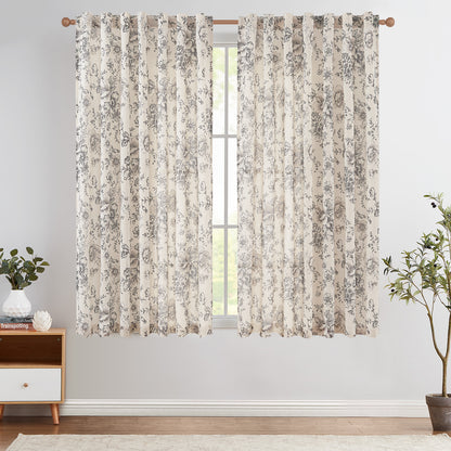 CURTAINKING Linen Curtains Floral Curtains for Living Room Curtains Rod Pocket Back Tab Farmhouse Peony Flower Patterned Drapes Bedroom Window Curtain Set 2 Panels