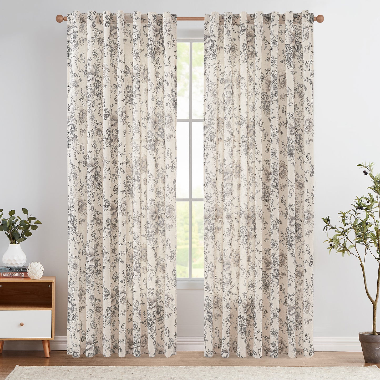 CURTAINKING Linen Curtains Floral Curtains for Living Room Curtains Rod Pocket Back Tab Farmhouse Peony Flower Patterned Drapes Bedroom Window Curtain Set 2 Panels