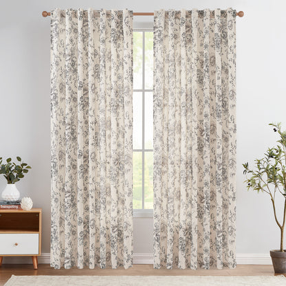 CURTAINKING Linen Curtains Floral Curtains for Living Room Curtains Rod Pocket Back Tab Farmhouse Peony Flower Patterned Drapes Bedroom Window Curtain Set 2 Panels