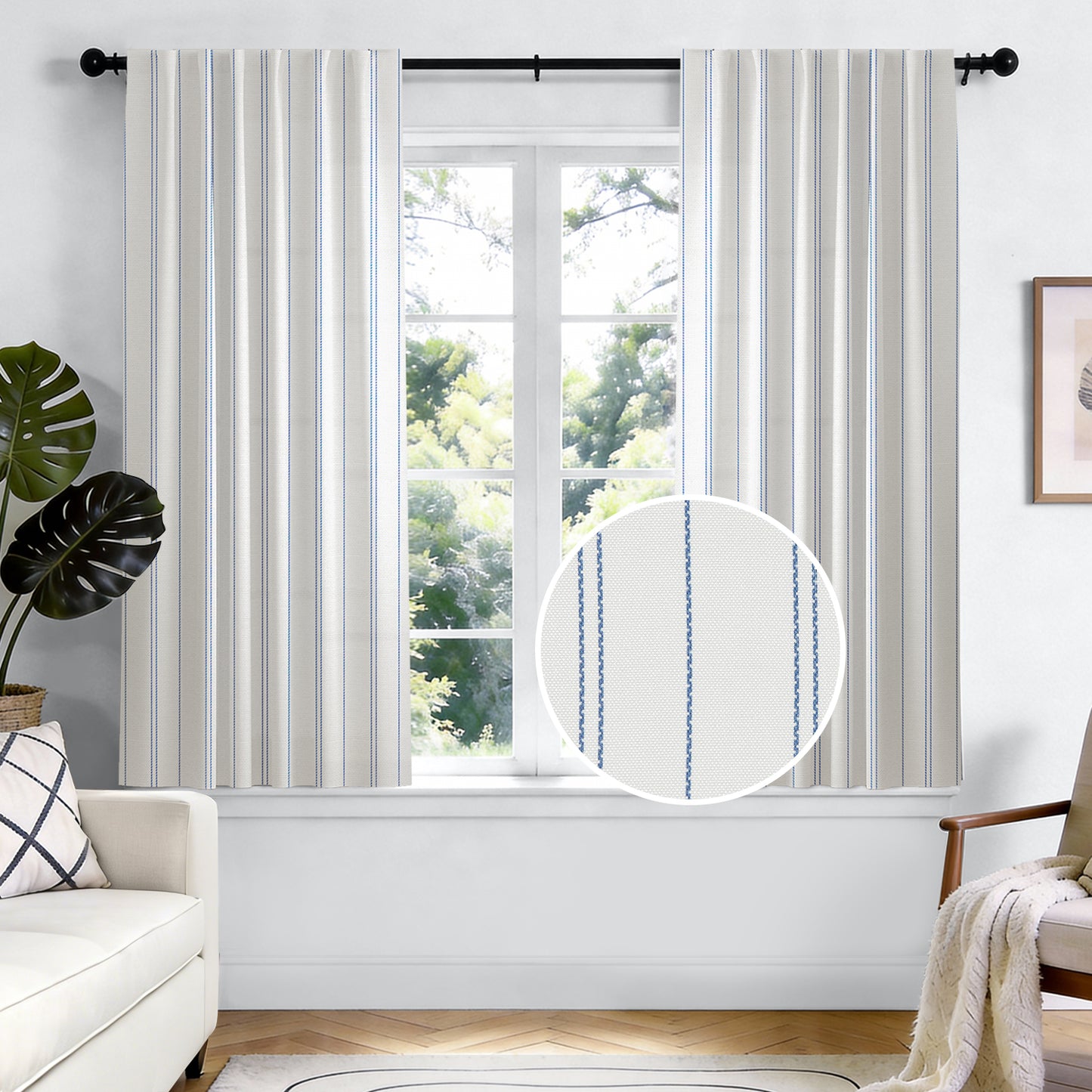 TOPICK White Curtains Striped Curtains for Living Room Bedroom Modern Pinstriped Light Filtering Back Tab Rod Pocket 2 Panels