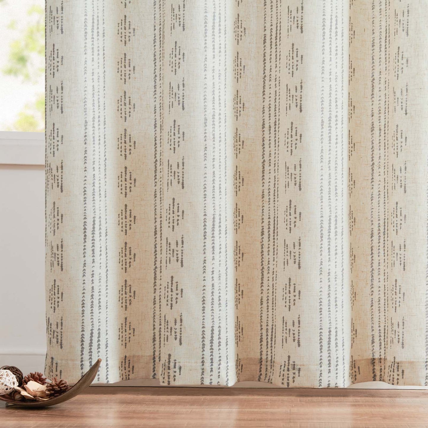 Curtainking Linen Blend Curtains Light Filtering Geometric Striped Boho Farmhouse Grommet Curtains for Living Room Pack of 2