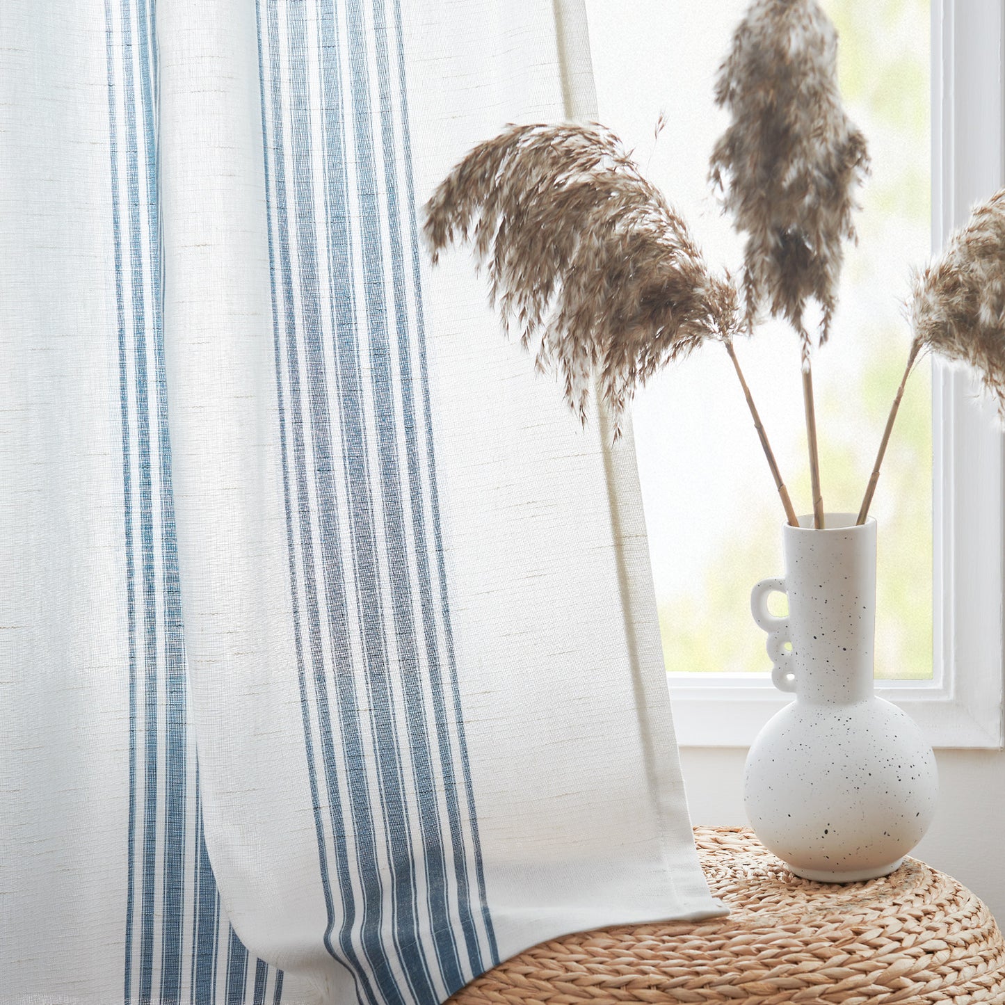 Curtainking Striped Linen Curtains Farmhouse Rustic Curtains for Living Room Semi Sheer Back Tab Light Filtering Coastal Drapes for Bedroom Window Curtain 2 Panels