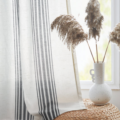 Curtainking Striped Linen Curtains Farmhouse Rustic Curtains for Living Room Semi Sheer Back Tab Light Filtering Coastal Drapes for Bedroom Window Curtain 2 Panels