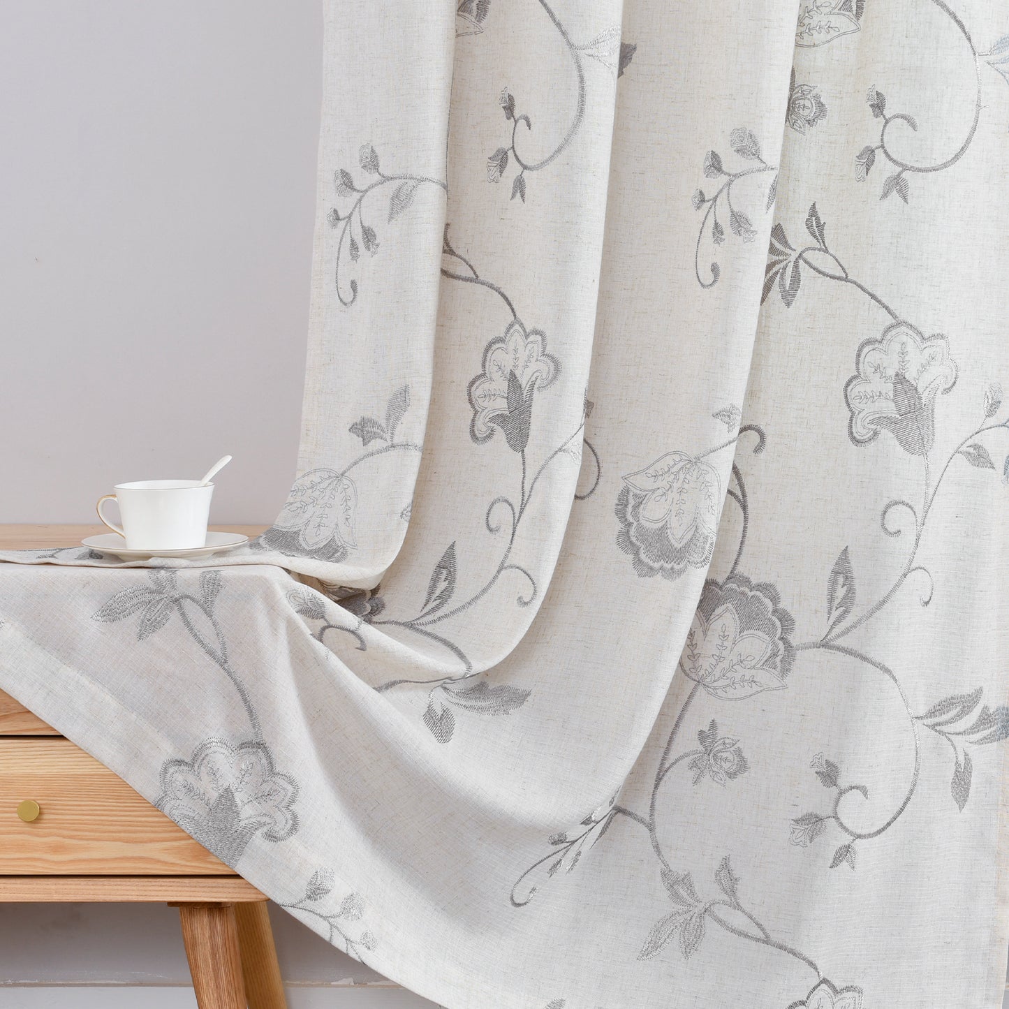 Curtainking Linen Curtains Floral Embroidery Farmhouse Light Filtering Grommet Curtain Panels 2 Pcs