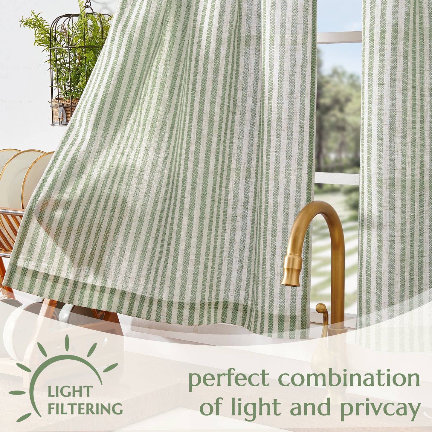 Curtainking Striped Kitchen Curtain Linen Cafe Curtains Semi-Sheer Rustic Farmhouse Tier Curtains Rod Pocket 2 Panels