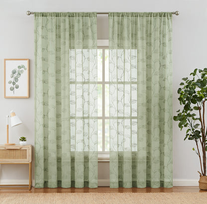 Curtainking White Sheer Curtains for Living Room Embroidered Leaf Window Curtains light Filtering Drapes Rod Pocket 2 Panels