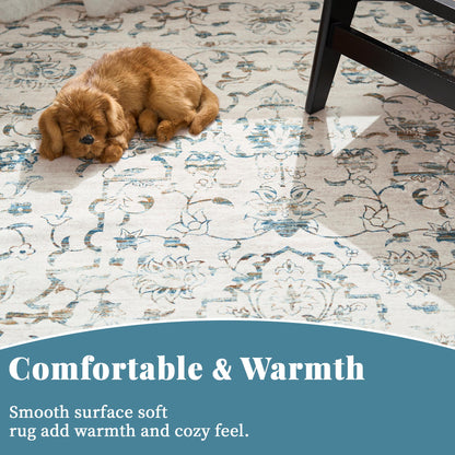 RUGKING Lake Blue Vintage Area Rug Floral Carpet Distressed Mat, Foldable Non Slip Accent Rug for Kitchen Living Room