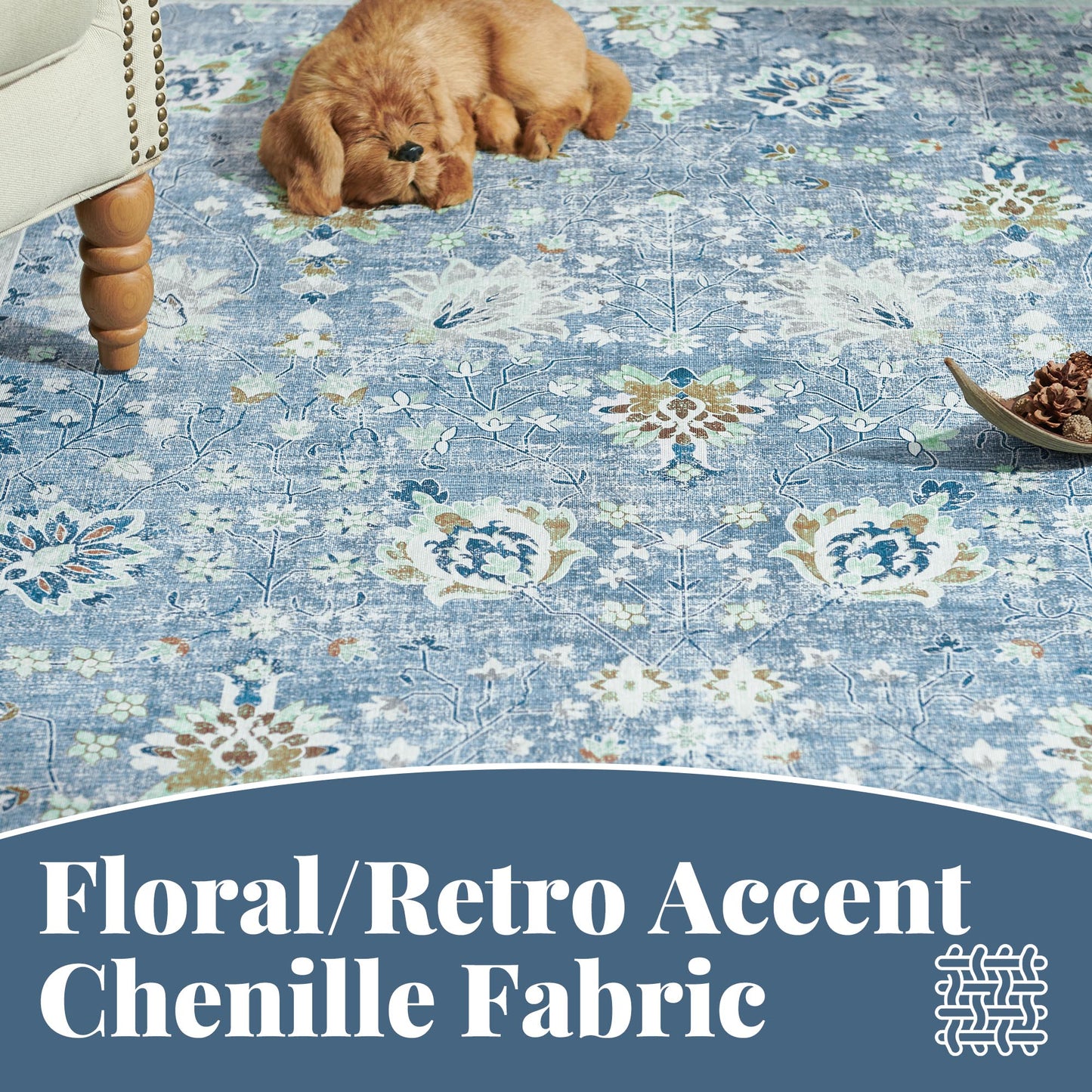 RUGKING Living Room Rug Floral Printed Blue Indoor Accent Mat with Non-slip backing Retro Persian Rugs for Bedroom Dining Room
