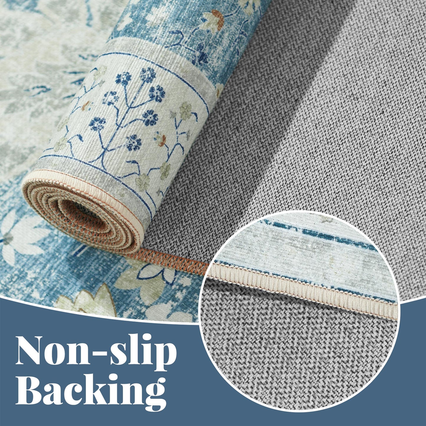 RUGKING Living Room Rug Floral Printed Blue Indoor Accent Mat with Non-slip backing Retro Persian Rugs for Bedroom Dining Room