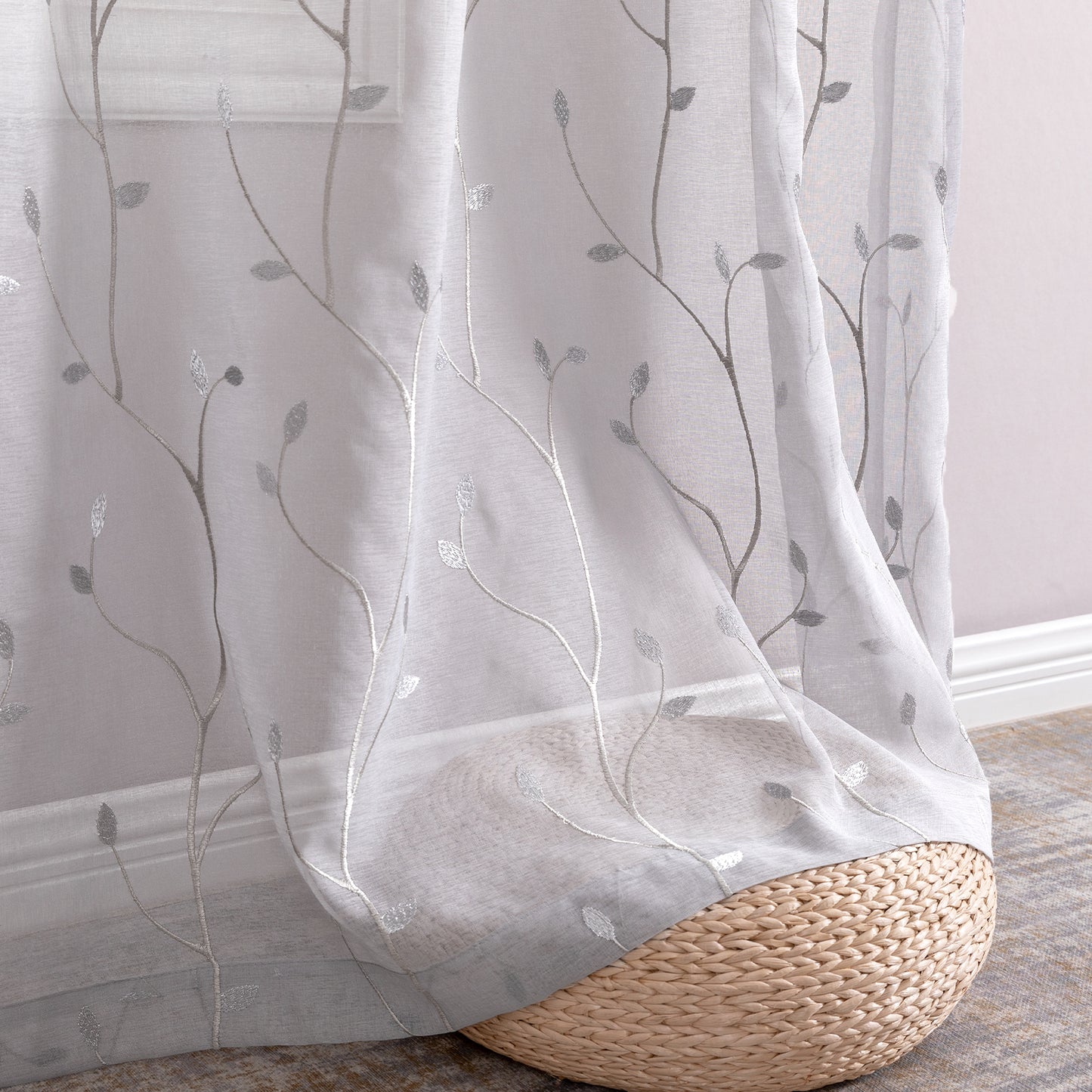 Curtainking Sheer Curtains Floral Embroidery Drapes Voile Light Filtering Window Curtain Set for Living Room Bedroom Grommet 2 Panels