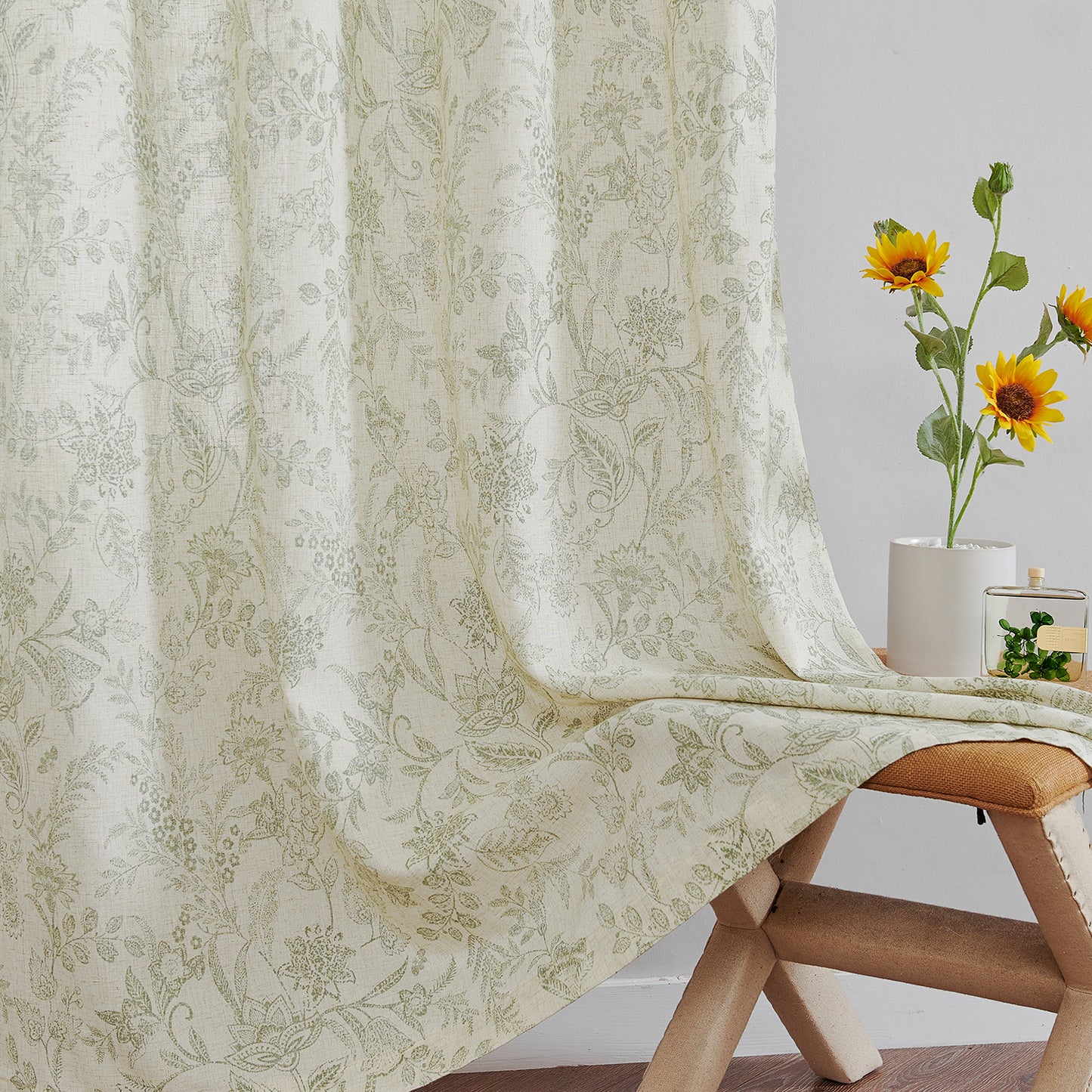 Curtainking Floral Curtains Linen Farmhouse Curtains for Living Room Country Curtains Grommet Top Semi Sheer Curtains Light Filtering 2 Panels