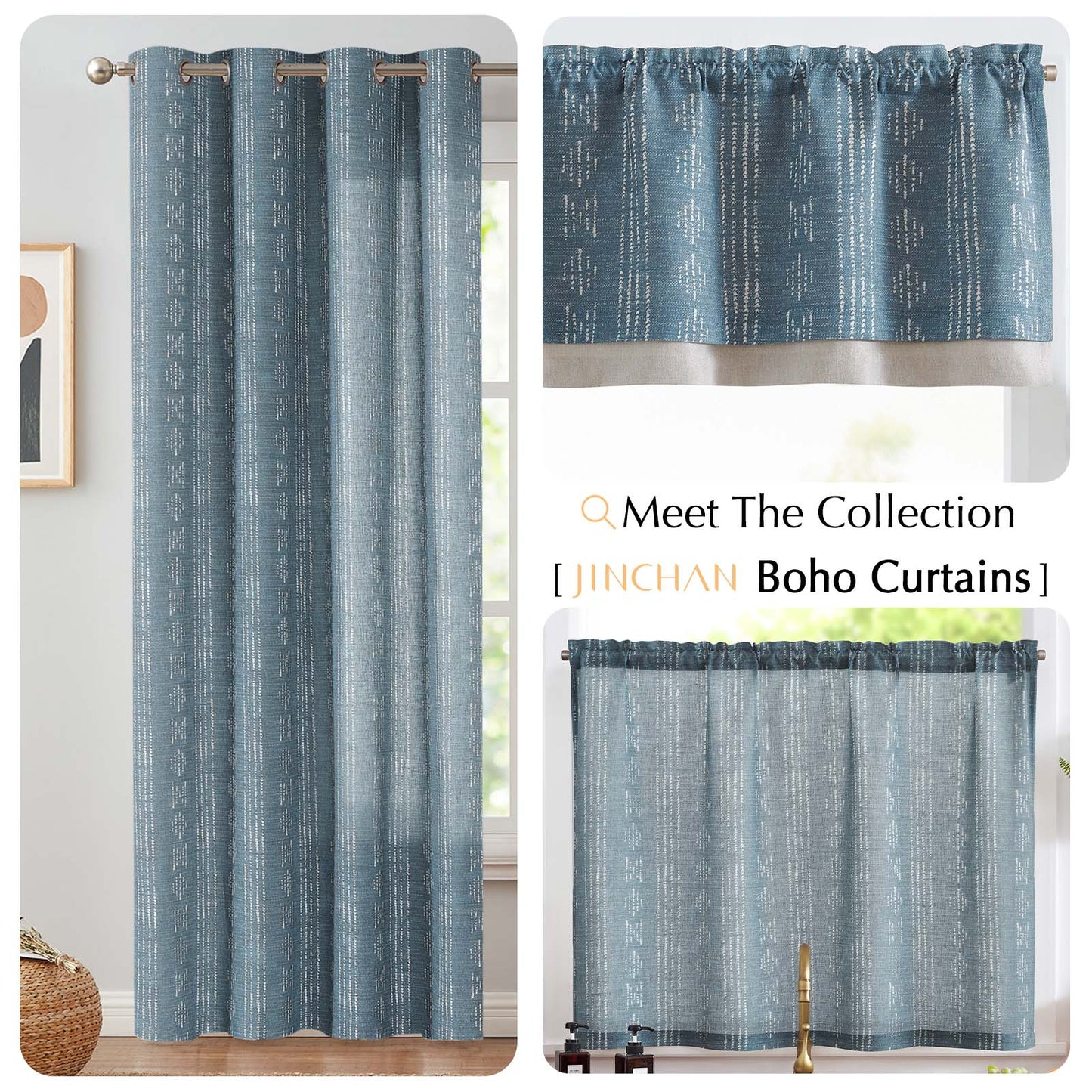 TOPICK Boho Linen Kitchen Curtains ,  Striped Farmhouse Cafe Curtains, Light Filtering Rod Pocket Small Curtains for Kitchen (Set of 2)